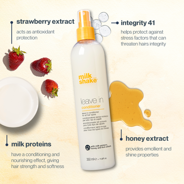 milk_shake  leave-in conditioner bottle with strawberry, honey, and milk graphics on a beige background