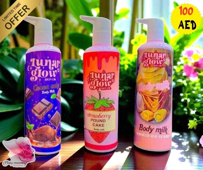 Lunar Glow Body Milk Trio – Cocoa, Strawberry & Vanilla Scents - Scented Body Milk / Lotion - Lunar Glow Skin Co. -- United Arab Emirates -- Pinky Cosmetics