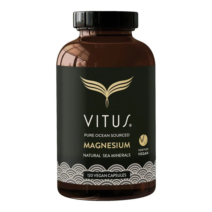 VITUS 120 Vegan Magnesium Capsules in a brown glass supplement bottle on a white background.