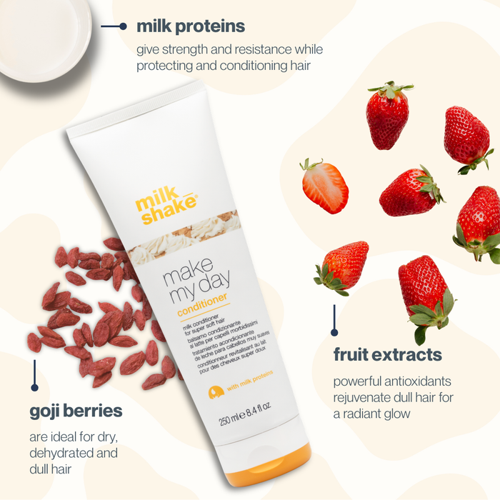 milk_shake conditioner bottle with goji berries and strawberries on a light background