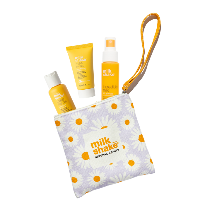 milk_shake hair care products including make my day and incredible milk in a daisy pouch