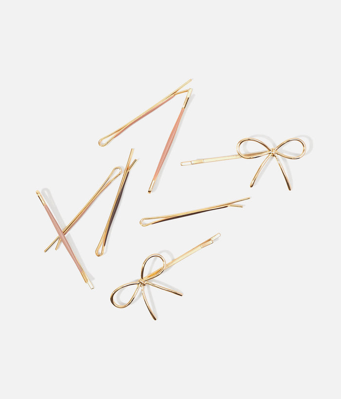 Metal Enamel Puffy Bow Bobby Pins • 8-Piece Hair Pin Set in Rosewood