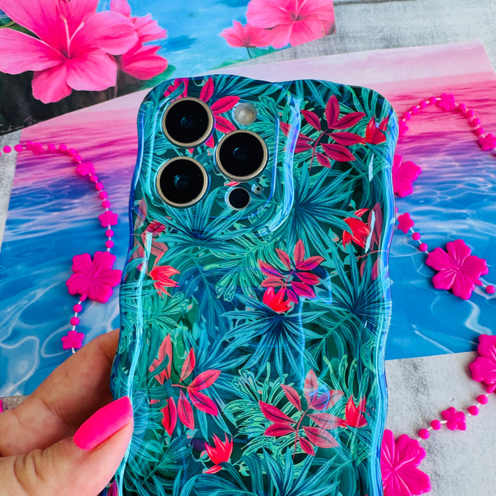 Midnight Tropics MagSafe iPhone case with tropical palm leaves and pink hibiscus by Fancy Bands