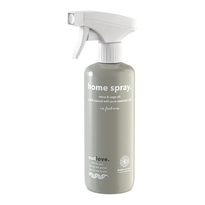 500ml spray bottle of Euclove Natural Home Spray Air Freshener in citrus and sage scent, 100% natural with pure essential oils.