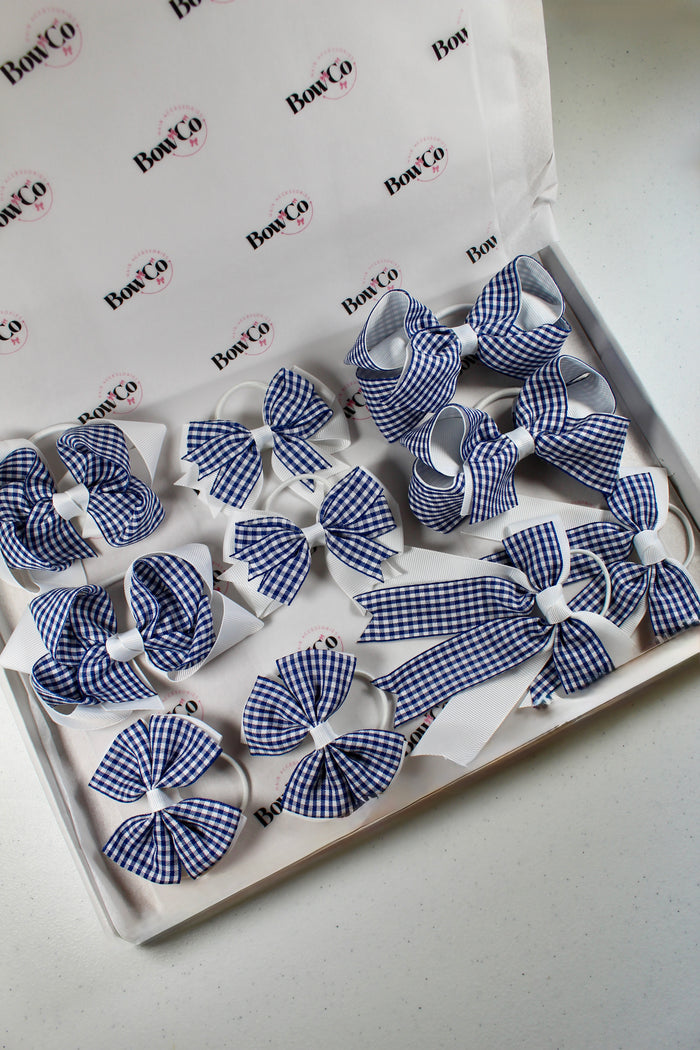 Navy Blue Gingham School Bow Bundle M/L - Elastic - 10 Bows