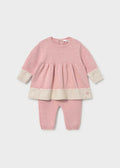 Mayoral newborn baby girl dress with leggings set in soft Pink and Cream 100% cotton.