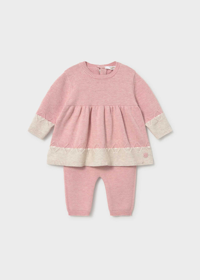 Mayoral newborn baby girl dress with leggings set in soft Pink and Cream 100% cotton.