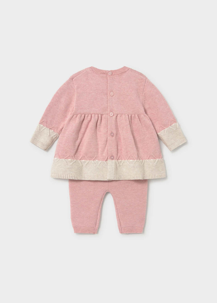Back view of Mayoral baby girl Pink dress and leggings set with Cream trim details.