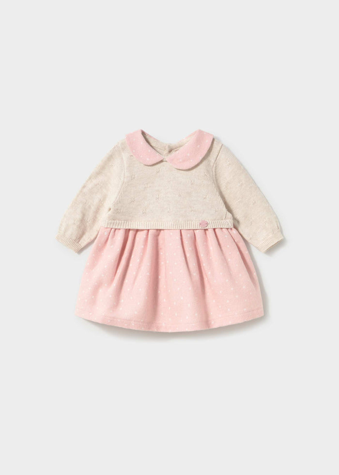 Mayoral newborn baby girl knit dress in Ivory and Pink with long sleeves and soft cotton lining.