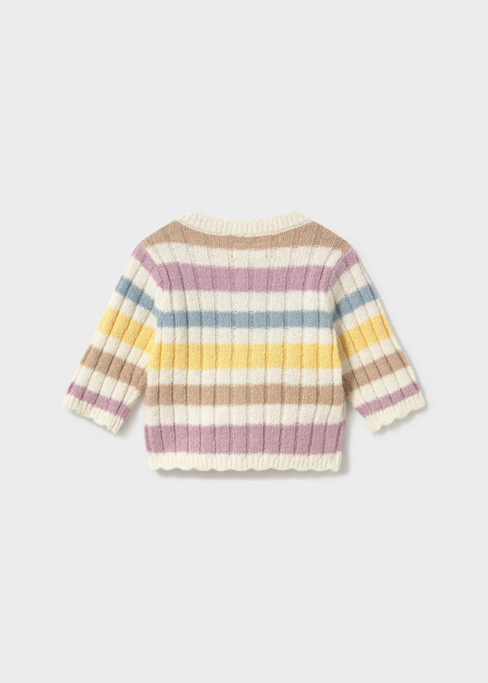 Front view of Mayoral baby girl pastel stripe cardigan in soft cotton-blend knit.