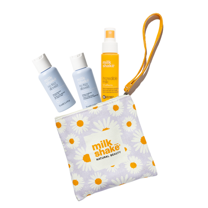 milk_shake hair care products including no frizz allowed and incredible milk in a daisy pouch