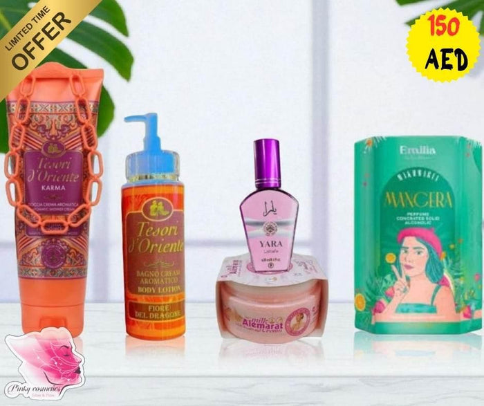 Oriental Beauty & Fragrance Bundle – 5-Piece Self-Care Set - Luxury Body Care & Perfume Set - Tesori d’Oriente, Lattafa, Emilia, Alemmarat -- United Arab Emirates -- Pinky Cosmetics