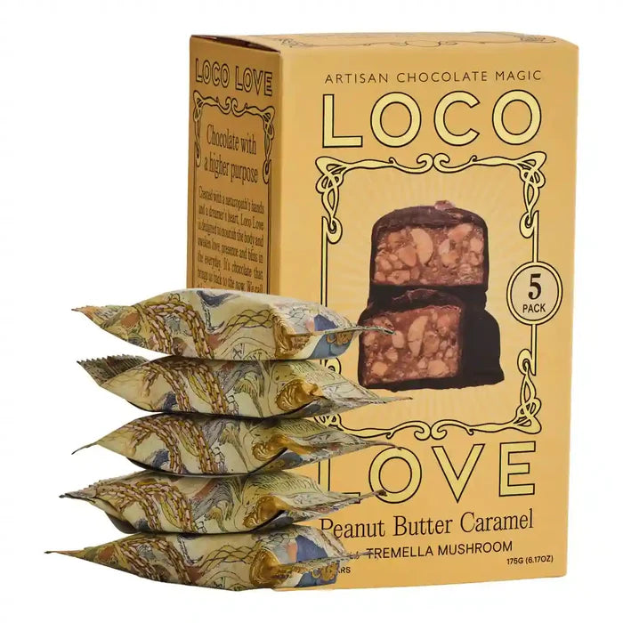 Packaging of Loco Love chocolate with five individually wrapped pieces on a white background