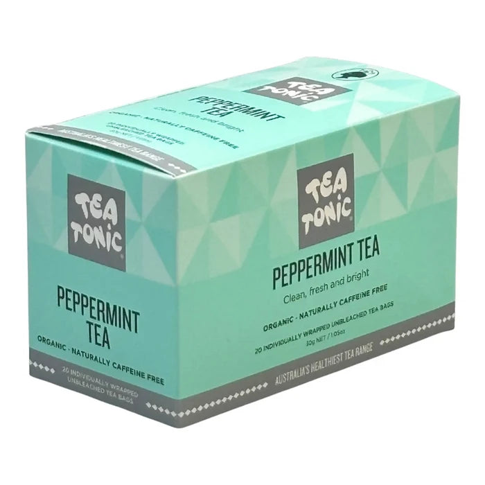 A box of Tea Tonic Peppermint Tea, featuring a light mint green geometric patterned design with dark grey text and brand logos.
