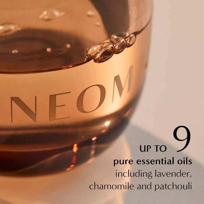 NEOM diffuser oil detail showing up to 9 essential oils including lavender, chamomile and patchouli