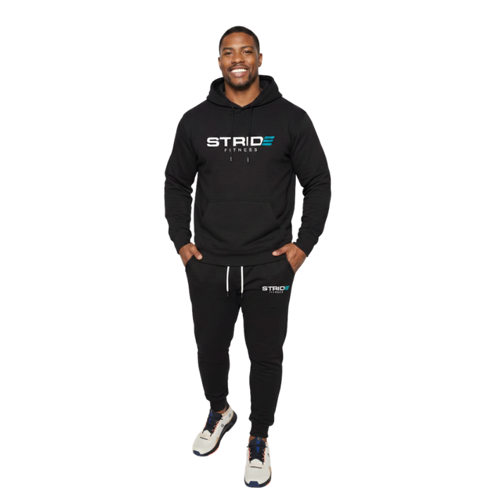 Men’s black performance sweatshirt from STRIDE Fitness designed for training, comfort, and everyday wear