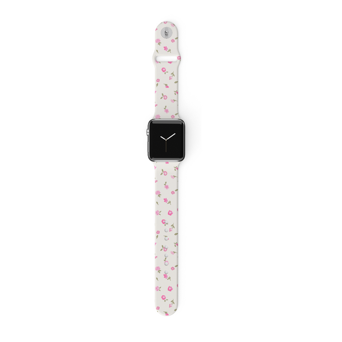 Pink watercolour floral Apple Watch strap on a smartwatch, displayed against a white background.