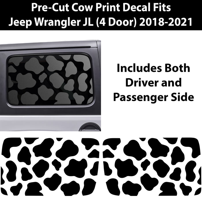 Precut Cow Print Rear Side Quarter Window Decal Stickers Fits The 4 Door Jeep Wrangler JLU 2018 - 2024 - Bogar Tech Designs