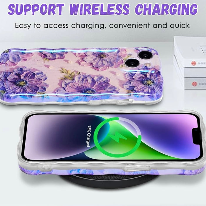 Lavender wavy iPhone case featuring large painterly purple flowers with green centers and leaves.