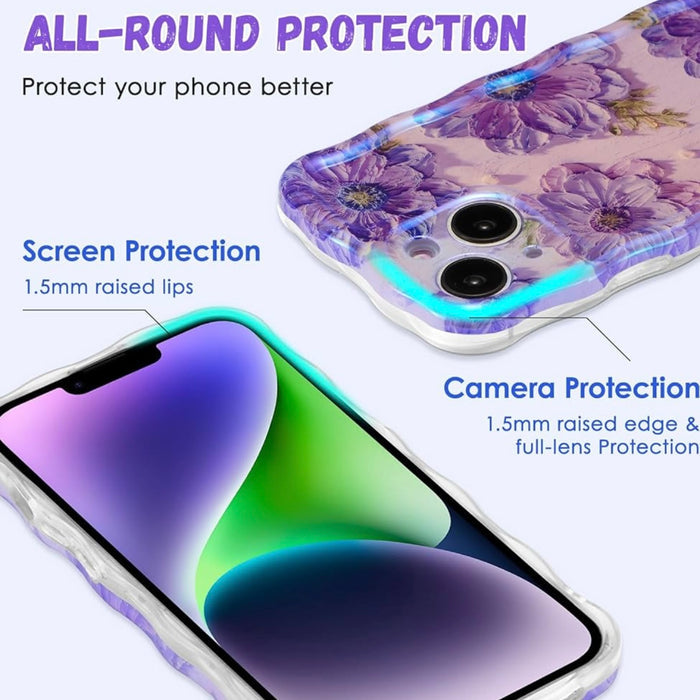 Lavender wavy iPhone case featuring large painterly purple flowers with green centers and leaves.