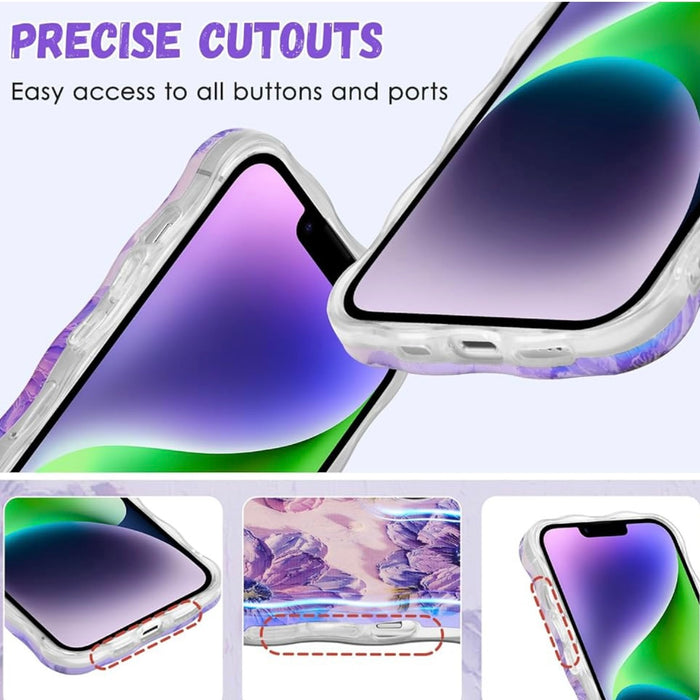 Lavender wavy iPhone case featuring large painterly purple flowers with green centers and leaves.
