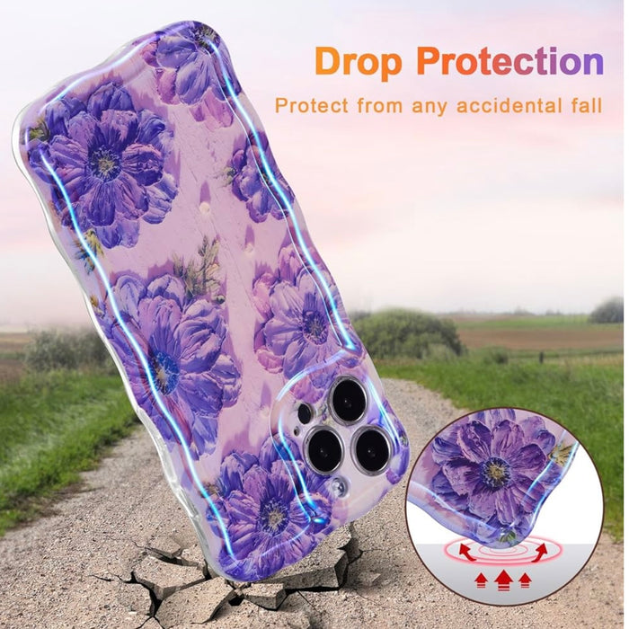 Lavender wavy iPhone case featuring large painterly purple flowers with green centers and leaves.