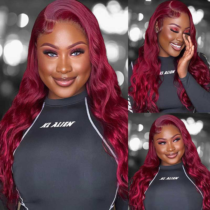 qvr wigs 99j burgundy red body wave with lace frontal