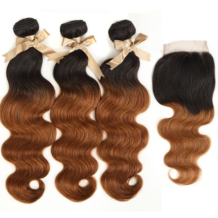 ombre brown t1b/30 body wave human hair 3 bundles with 4x4 lace closure virgin hair weave