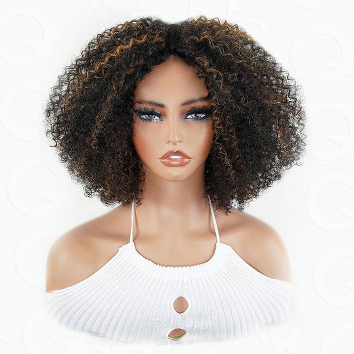 QVR High Quality Natural Curly V Part Wig Highlight #1B/30 Human Hair Short Bob Wig