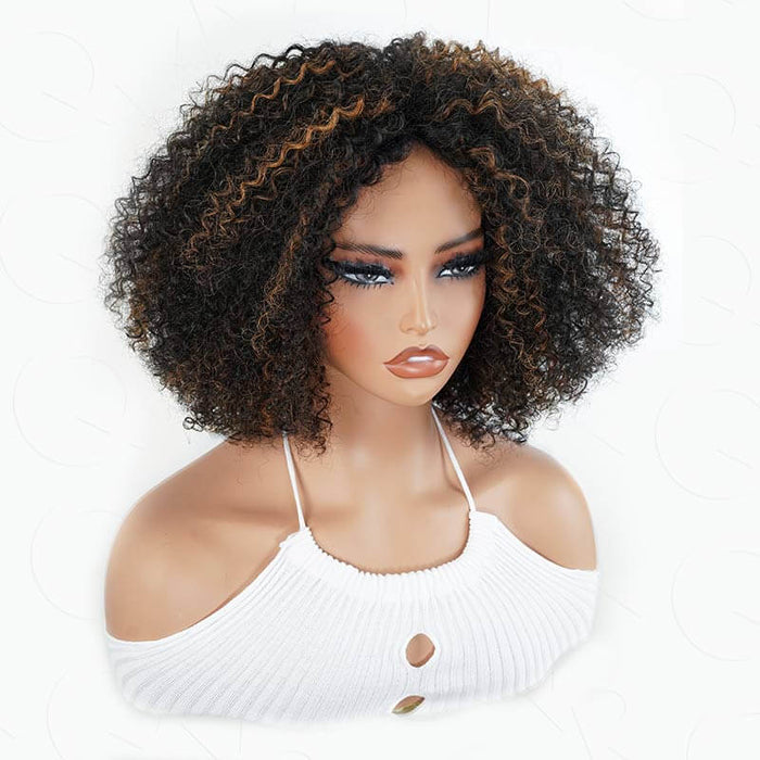 QVR High Quality Natural Curly V Part Wig Highlight #1B/30 Human Hair Short Bob Wig