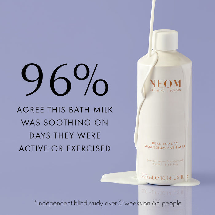 NEOM bath milk bottle with text on a purple background