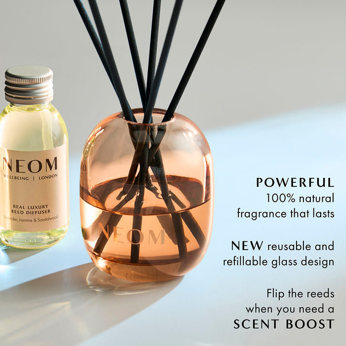 NEOM Real Luxury reed diffuser with lavender, jasmine and sandalwood, relaxing essential oil diffuser