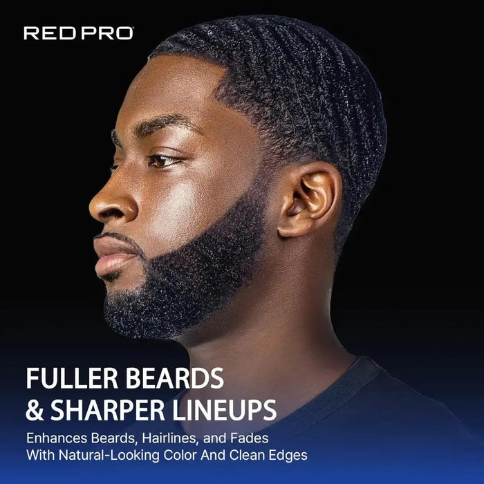 Man with a well-groomed beard and hairline, showcasing product benefits on a dark background.