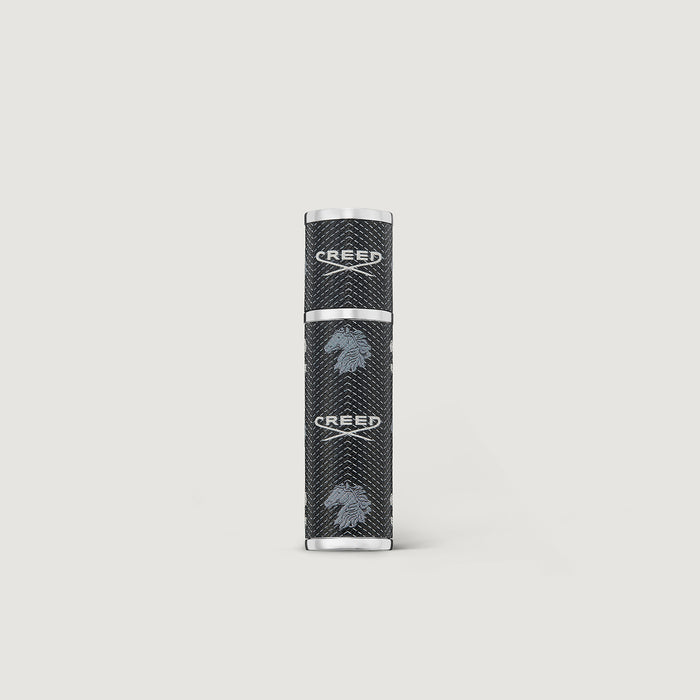 Black textured 5ml refillable travel perfume atomizer with silver trim, Creed logo - Front View | Creed Boutique