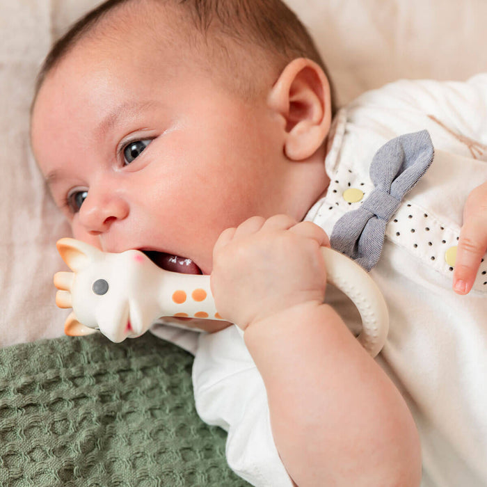 Baby using Sophie la giraffe teething ring