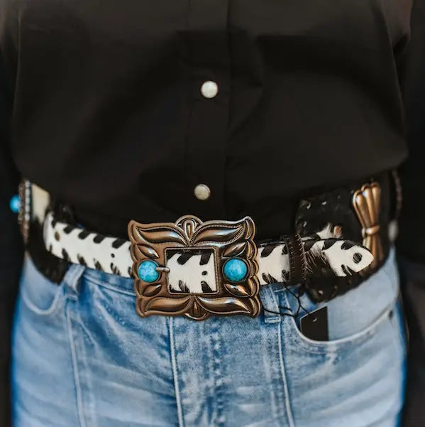 Rodeo Luxe Cowhide Turquoise Wide Belt