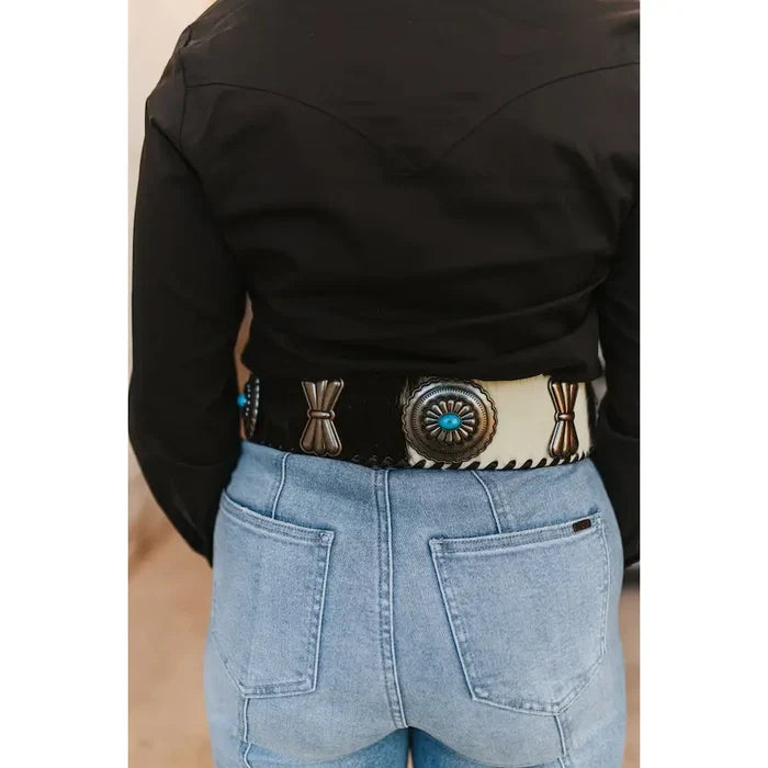 Rodeo Luxe Cowhide Turquoise Wide Belt