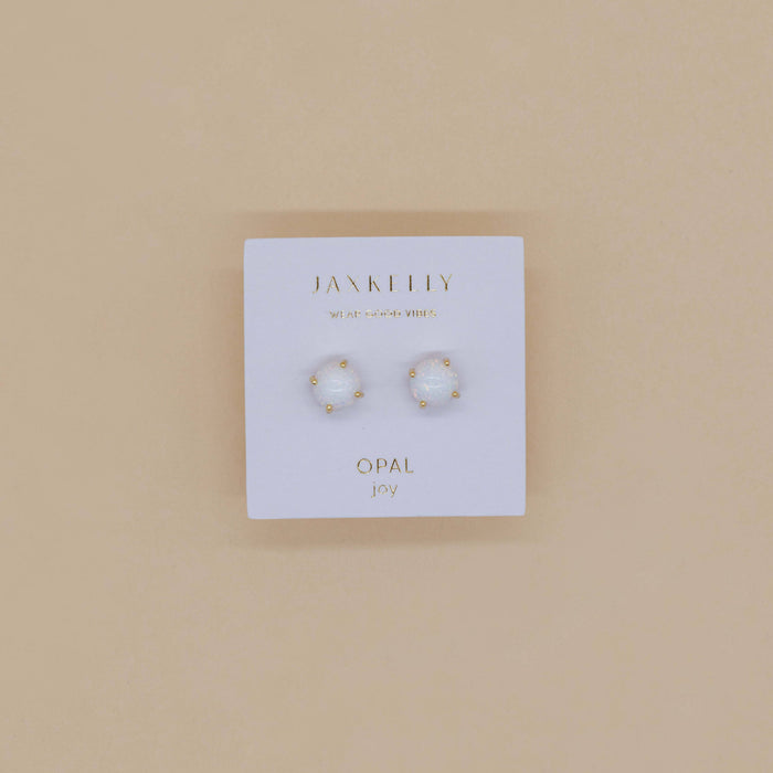 Round - White Opal Gemstone - Gold Earrings