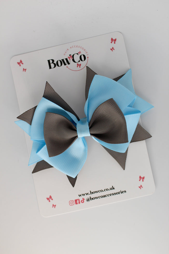 School Bow Blue Topaz and Metal Grey Layer Bow - Clip