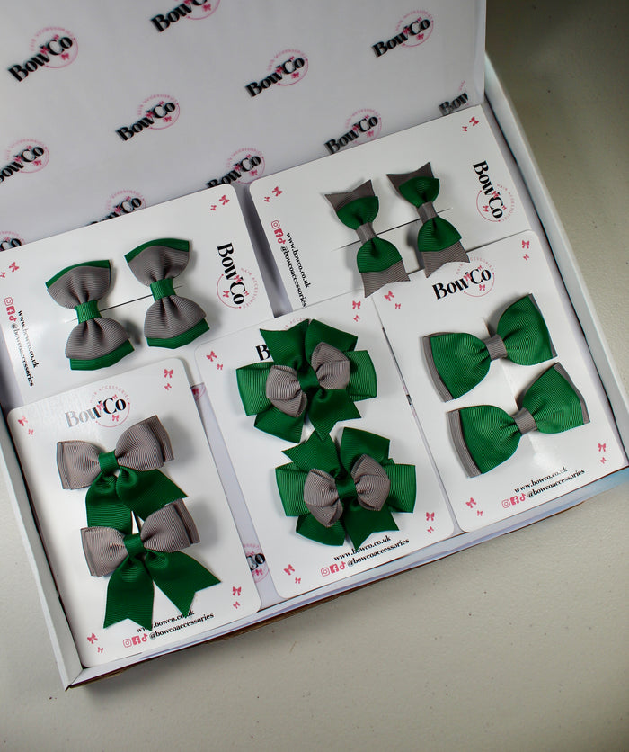 School Bow Bundle Saver - 10 Pack - Forest Green and Grey - Clip