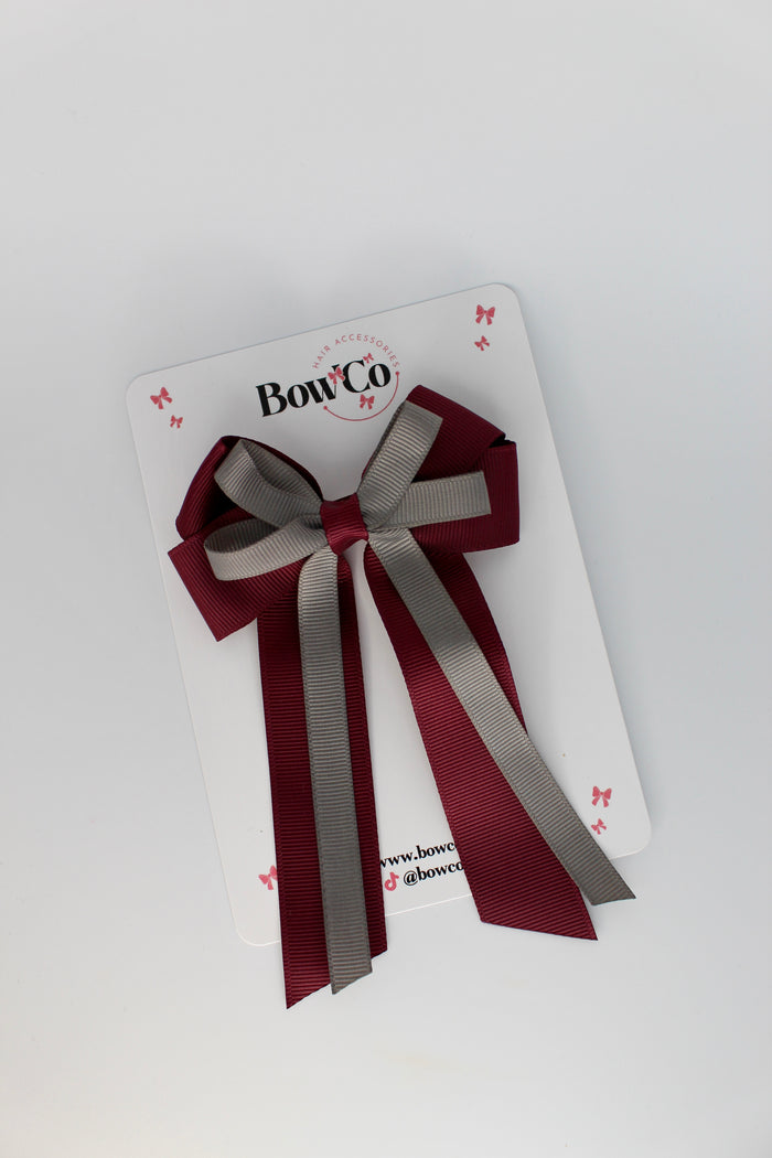 School Bow Burgundy and Metal Grey - Loop Bow Tail Clip