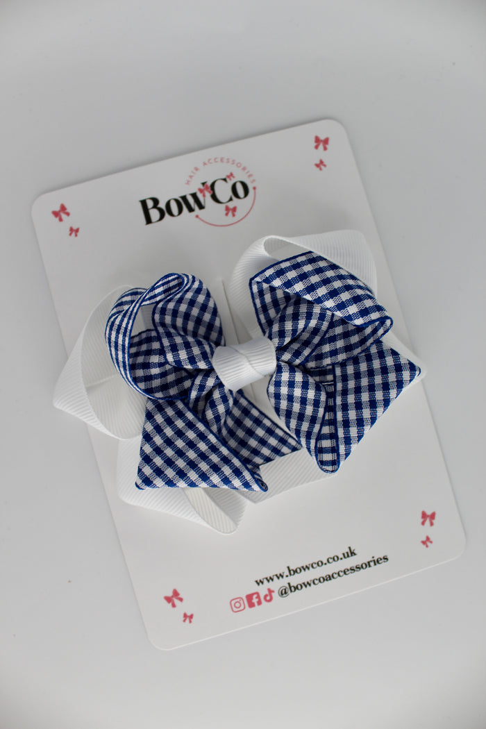 School Bow Navy Blue Gingham Double Loop Bow - Clip