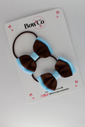 School Bows Blue Topaz and Brown - Double Ribbon Bow Set - Elastic