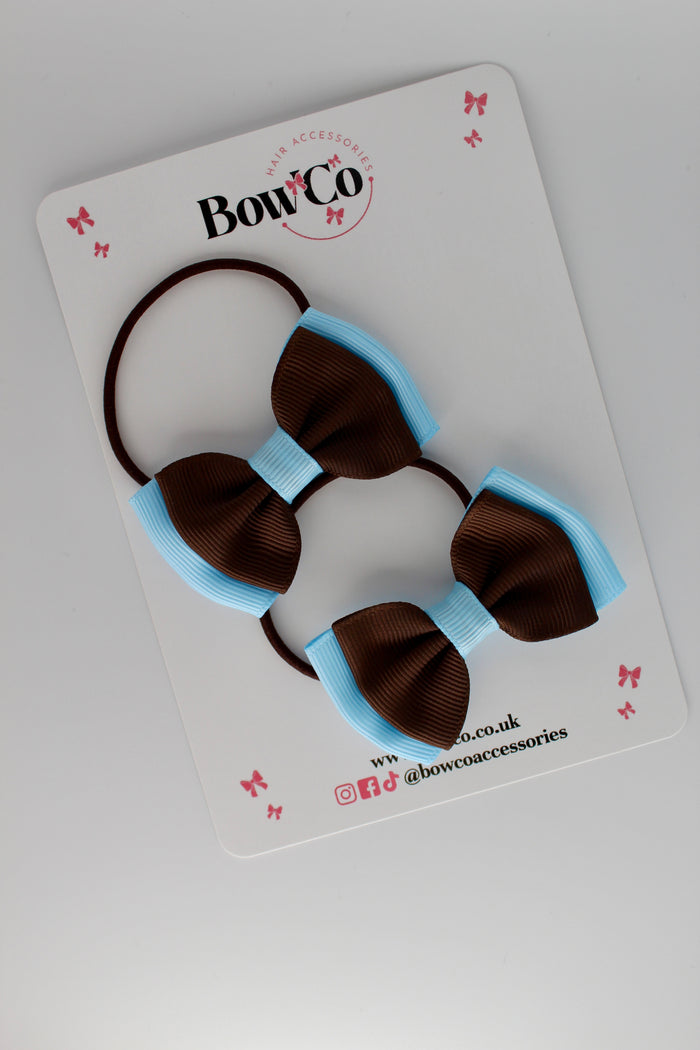 School Bows Blue Topaz and Brown - Double Ribbon Bow Set - Elastic