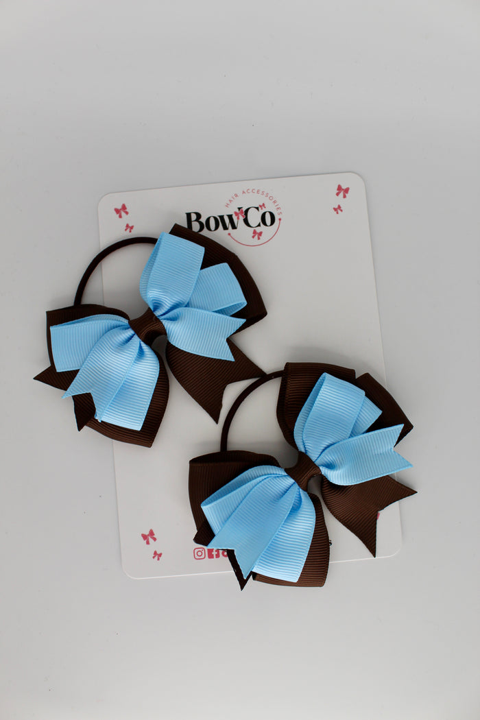 School Bows Blue Topaz and Brown - Double Tail Bow Set - Elastic