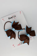School Bows Blue Topaz and Brown - Layer Tail Bow Set - Elastic