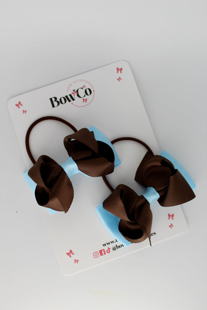 School Bows Blue Topaz and Brown - Pleated Bow Set - Elastic