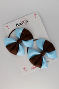 School Bows Blue Topaz and Brown - Round Tuxedo Bow Set - Elastic