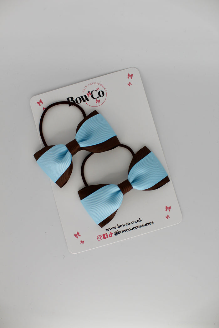 School Bows Blue Topaz and Brown - Tuxedo Bow Set - Elastic