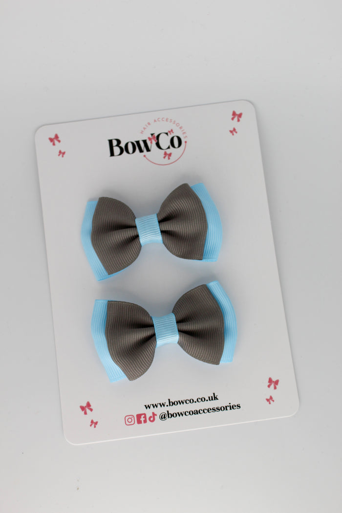 School Bows Blue Topaz and Metal Grey - Double Bow Set - Clip